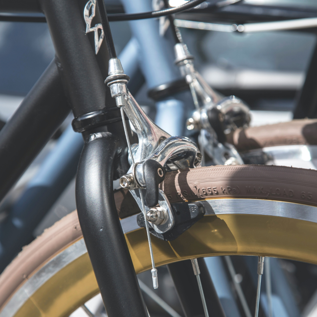 Close up of rim brakes for bike