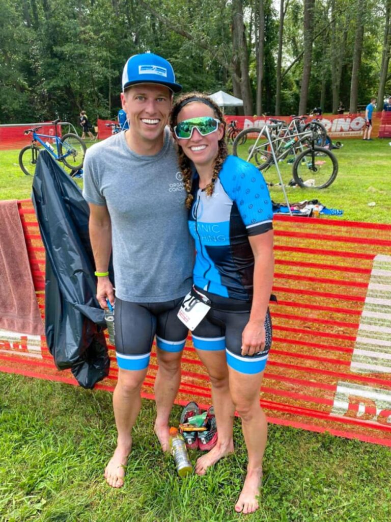 man and woman after triathlon