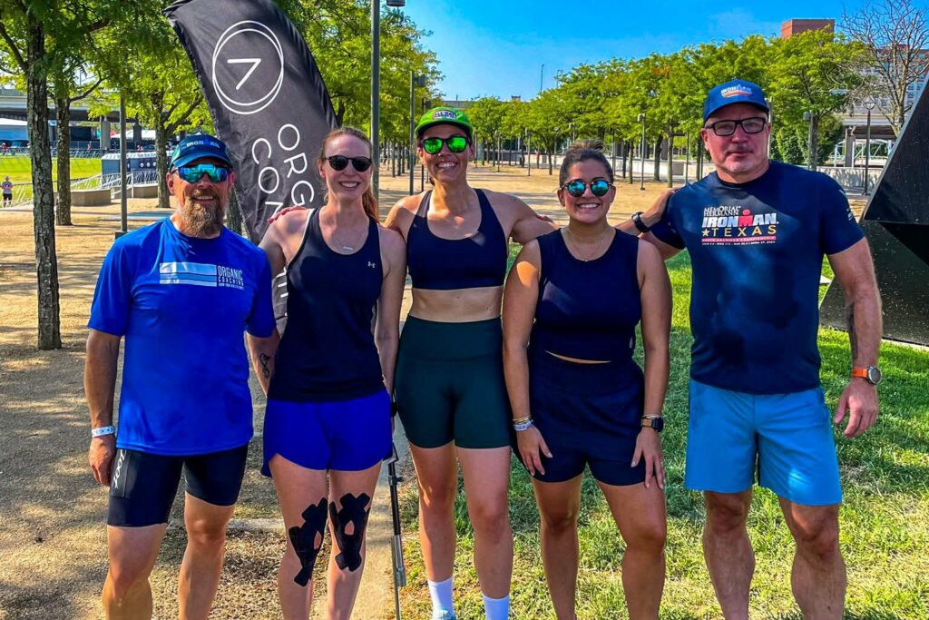 Group of triathletes all starting together before a race
